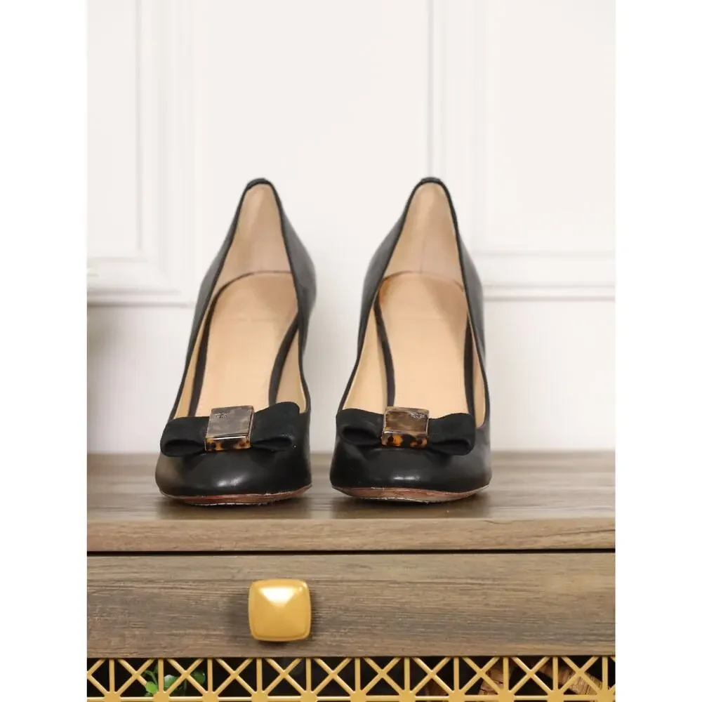 Tory Burch Black Leather Pumps Tortoise Logo Bow Heels Size 8 Classic Preppy